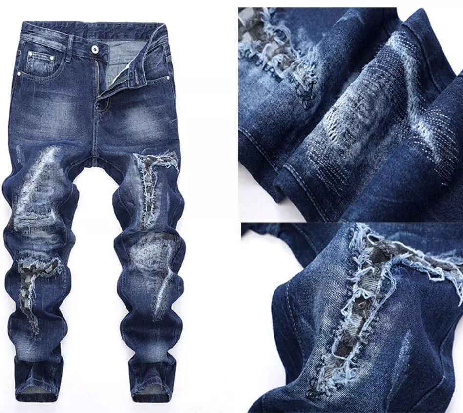 Men's Blue Denim Jeans Straight Tassel Casual Pants Frayed Street Punk  Trousers