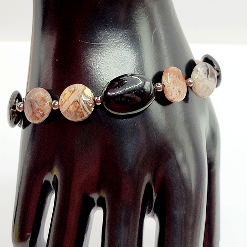 Obsidian and Jasper Polished Stone 925 Sterling Clasp 1990s Handcrafted Bracelet - Picture 3 of 24
