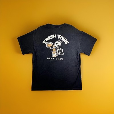 Fresh Vibes Beer T Shirt Mens Medium Faded Black Skeleton Brew Crew Double Side