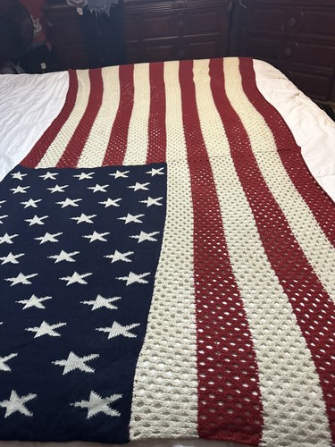 Beautiful Crocheted USA American Flag Blanket size 34 x80”July 4th Memorial D