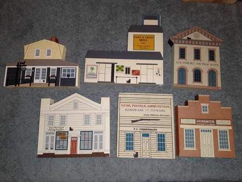Lot 6 Assorted The Cat's Meow Wooden Village Sitters Store Fronts Gun Shops