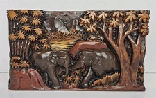Asian Art Elephant Sculpture Wood Hand Carved Home Decor Plaque. Mantle Art