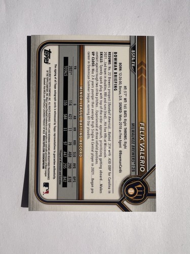 2022 1st Bowman Chrome Sapphire FELIX VALERIO Purple 07/10 AUTO Brewers - Picture 2 of 2