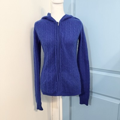 Aqua Cashmere 100% Cashmere Cable Knit Hooded Zip Sweater Blue Women s M