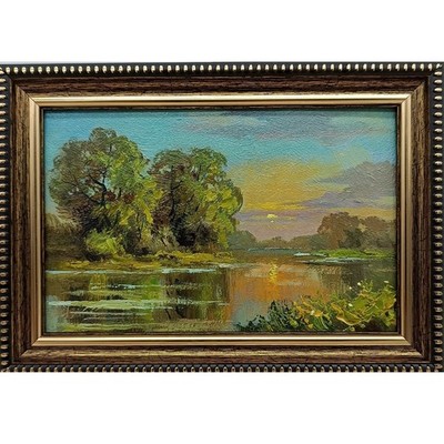 Original Oil Painting Forest Landscape with River 6x4 in Signed Framed
