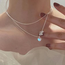 Double Layer Moonstone Necklace Gradient Heart Pendant Alloy Jewelry Gift