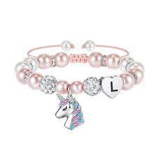 Unicorn Bracelet Gifts - Pink Pearl and Rhinestone Balls Heart Initial L Unic...