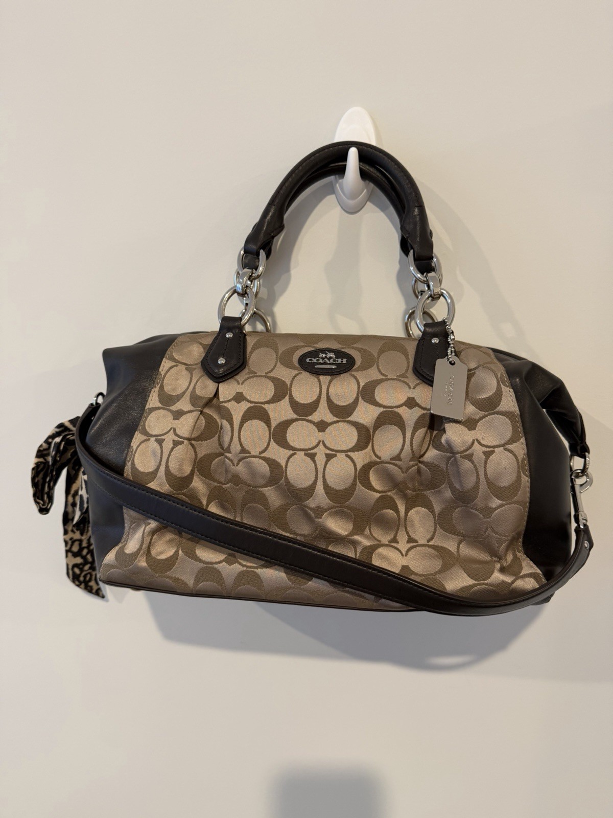 Coach Signature Logo Satchel Top Handle Bag Zip, Detachable Strap, Beige/Brown