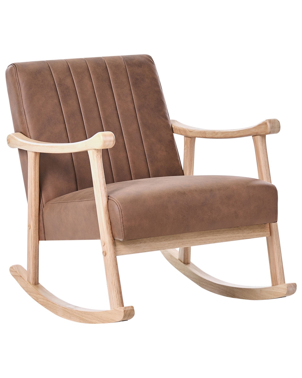 Poltrona a dondolo con rivestimento in ecopelle gambe in legno di gomma e bracci