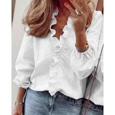 Women Ruffle V Neck Long Sleeve Shirts Summer Ladies Casual T Shirt Blouse Tops