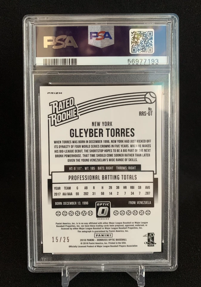 PSA 9 Gleyber Torres #15/25 2018 Panini Donruss clasificación óptica novato automático Foto 2 de 2
