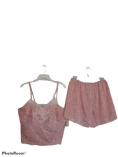 Vtg Val Mode 2pc Set Pajamas Sleep Lace Satin Cami&Shorts Jacquard Pink Size L 