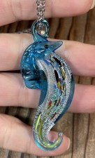 Seahorse art glass pendant necklace blue multicolor 18 silver tone chain 1C