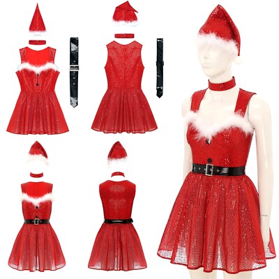 Womens Christmas Feather Trim Xmas Festival Dress New Year Dancewear Dance  Set | eBay