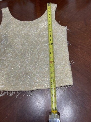Vintage 60s Sequin Beaded Cocktail Top Tank Wool Ivory M Hong Kong Tassels Mcm - Picture 4 of 10