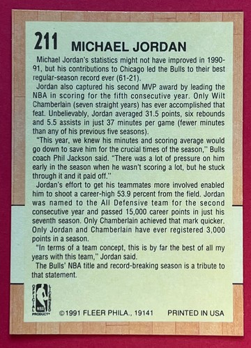 1991 Fleer Michael Jordan #211 Chicago Bulls 🏀 NM or Better - Picture 2 of 2