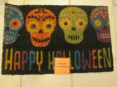 Happy Halloween Coir Doormat Day Of The Dead Sugar Skulls 18'' X 28'' New With Tag
