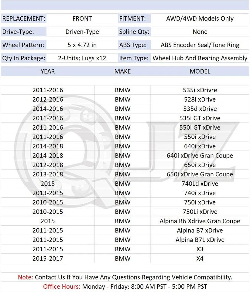[DELANTERO (cantidad 2)]Para BMW 550i GT xDrive 2010-2016 Modelo AWD Conjunto de buje de rueda Foto 2 de 4