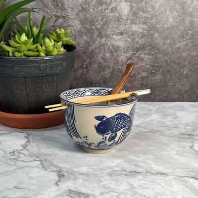 5''Koi Fish Waterfall Ramen Noodles Soup Rice Bowl With Chopsticks&spoon Set of 3