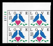 US 1990 SC#2440 LOVE POSTAGE STAMP P# BOCK OF 4 MNH