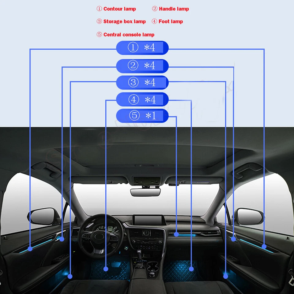 Lámpara de ambiente decorativa para automóvil 64 colores LED para Lexus RX 2016-21 Foto 2 de 4