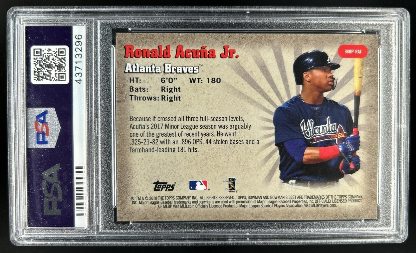 2018 Bowman's Best Ronald Acuna Jr. 1998 Performers Gold Refractor RC /50 PSA 10 view 2