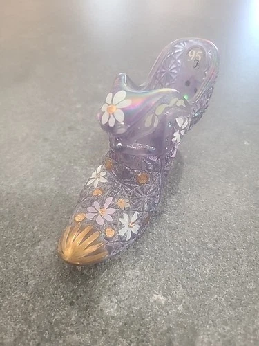 Fenton Iridescent Purple Glass Cat Slipper - Gold Tone accents - hand painted