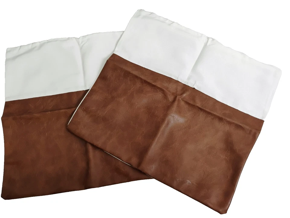 NWOT Faux Leather Patchwork White Linen Throw Pillow Covers Set Of 2 Size 17x17 - Image 2 of 4