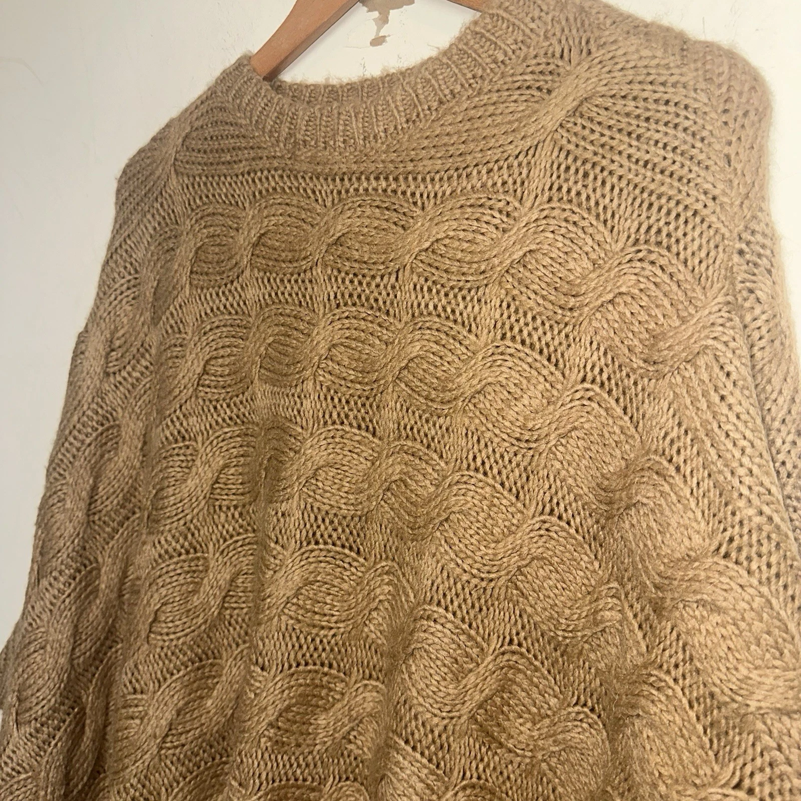 Cocogio Womens Cable Knit Poncho Sweater Brown Wool Blend Chunky Preppy Italy