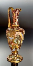 Antique LARGE Moser Glass Acorn & Oak Leaf Birds & Insects Enameled Gilt Pitcher