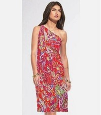 Lauren Ralph Lauren One Shoulder Paisley Satin Front Drape Sheath Dress Size 6