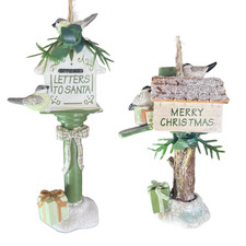 Rustic Mailbox Letters to Santa Ornament Set Merry Christmas Birds Winter Green