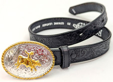 Nocona Belt, Women 20, Black Floral Tooled Leather w Silver / Gold Rodeo Buckle