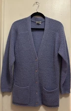 VTG Campus Casual Wool Blend Blue Pockets Button Down Cardigan Knit Sweater Sz S
