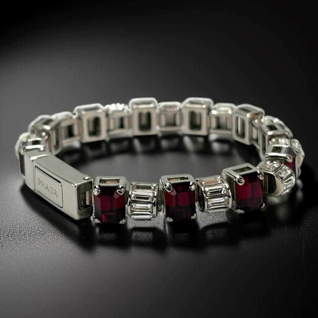 Prada Ruby Rhinestone Silver Bracelet 5.9 in Auth… - image 3