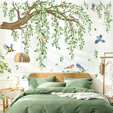 Large Hanging Vine Wall Decals Tree Branch Green Leaf Flower Birds Wall Stick...