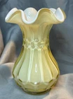Fenton Flute & Dot Tulip Vase Yellow White Cased Overlay Crimpled Ruffled Glass