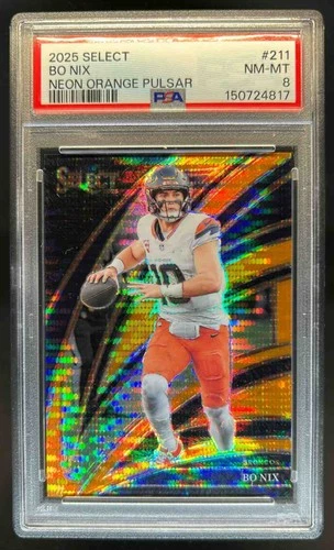 2025 Panini Select Bo Nix Club Level Neon Orange Pulsar Prizm #/7 Broncos PSA 8