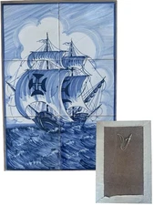 Azulejo Portugal Ship Porcelain 12x18 Tiles Artist Signed Antique Ornamental Art