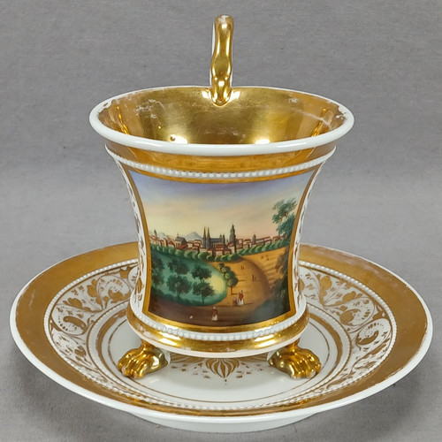 KPM Berlin Hand Painted Thalle / Thale Empire Form Cup & Saucer C. 1837-1844