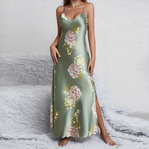 Women's Print Satin Silk Long Nightdress Ladies Sexy Nightgown Sleepwear Dress
