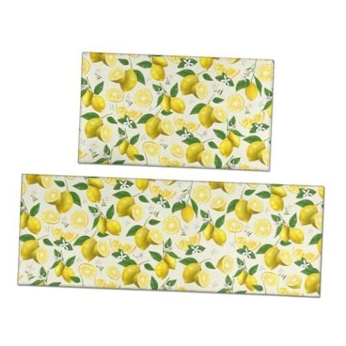 2 Piece Lemon Kitchen Decor Rugs Set, Farmhouse 17"x47"+17"x30" Light Yellow