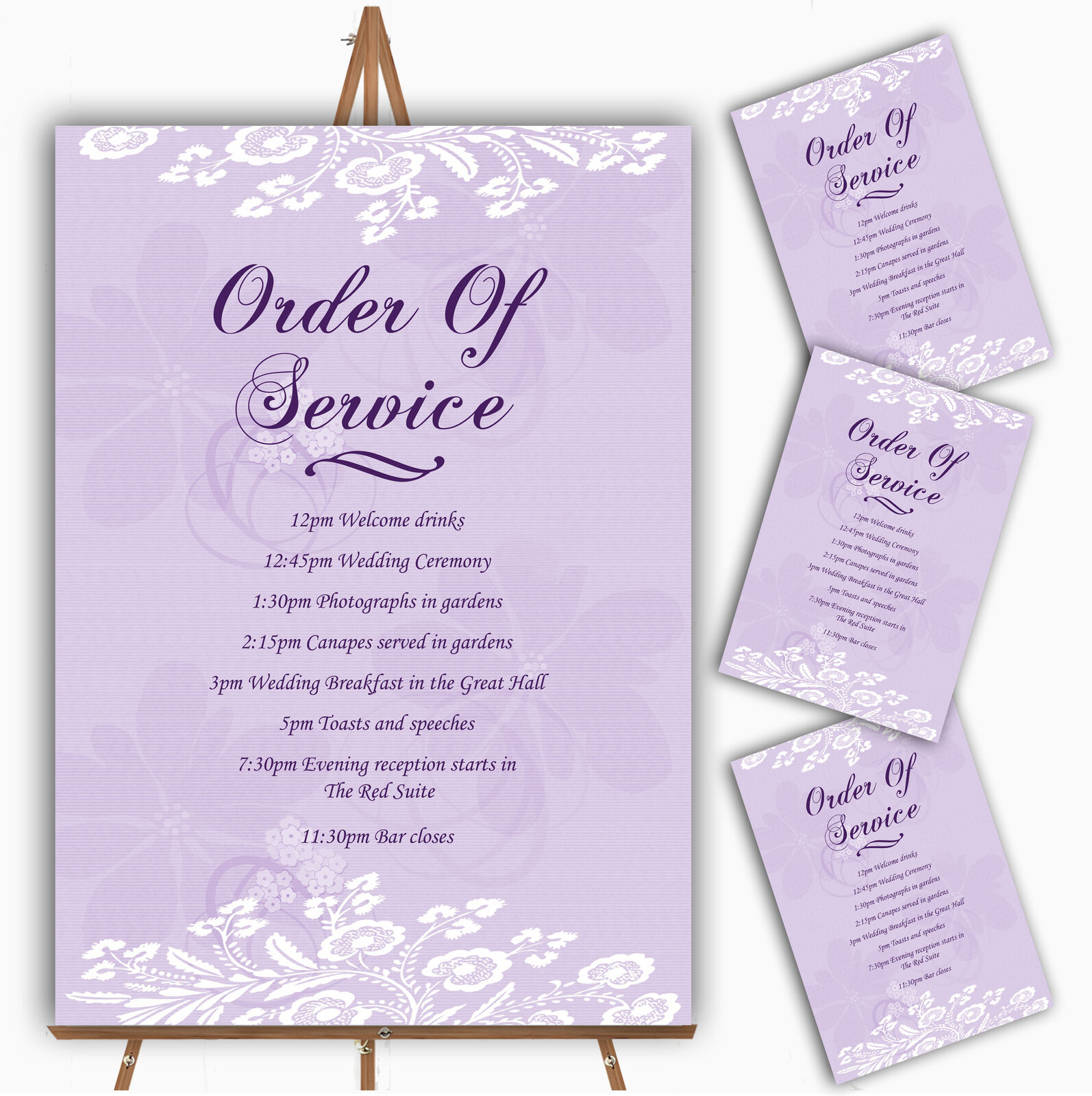 Vintage Lace Lilac Chic Personalised Wedding Order Of The Day Cards & Signs Cena, GORĄCE