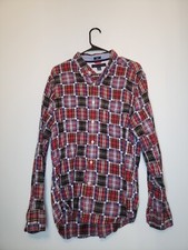 Tommy Hilfiger Mens Sz L Shirt Red Blue Slim Fit Retro 100 Cotton Long Sleeve