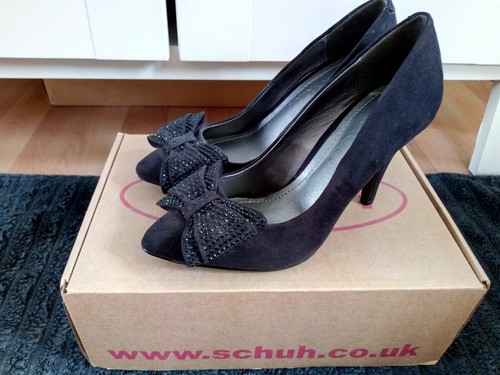 SCHUH BLACK Court Faux Suede Bow Diamante EVENING Stiletto Party Evening UK 3 - Picture 8 of 8