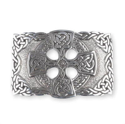 Celtic Cross And Knotwork Circle Polished Pewter Kilt Belt Buckle 