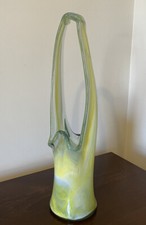 VTG Murano Style Yellow  White Hand Blown 18  Stretched Art Glass Swung Basket