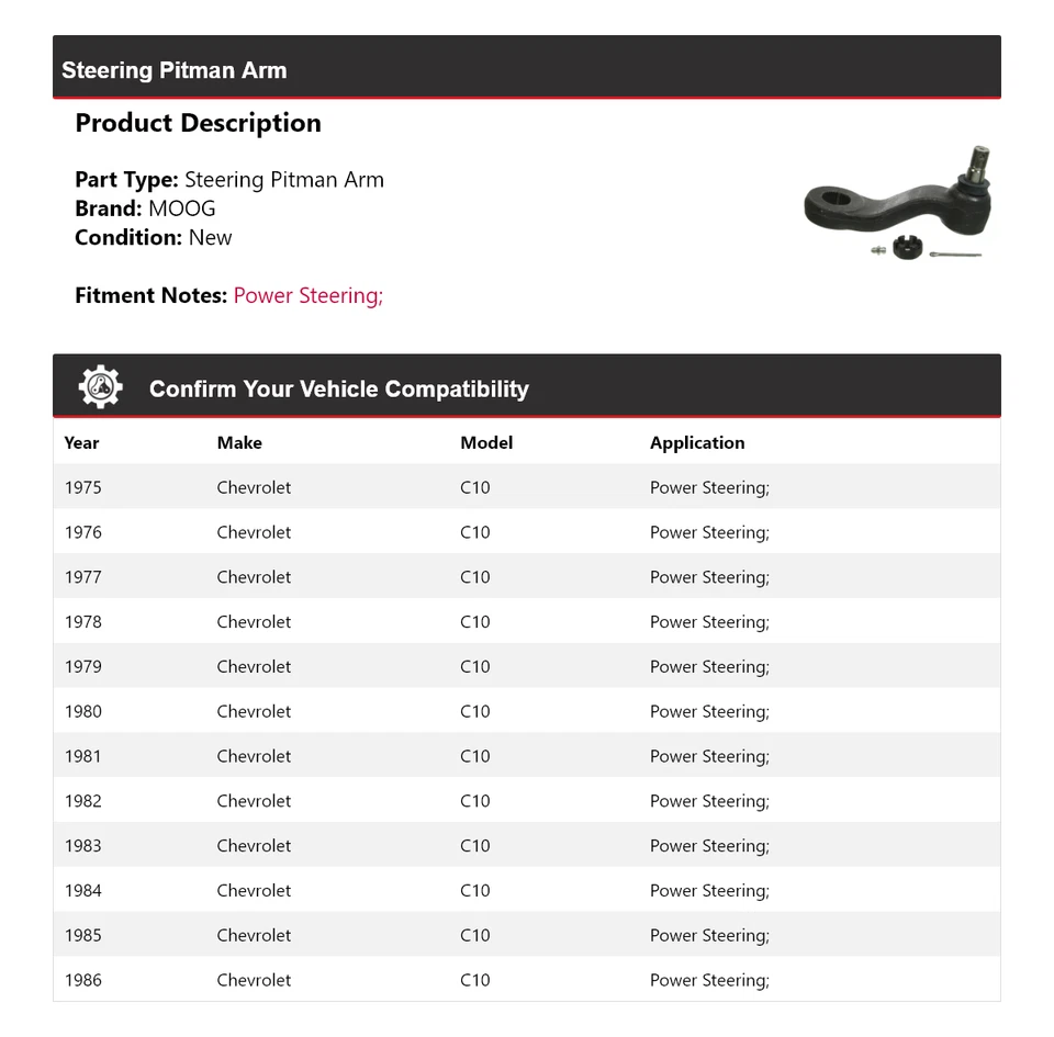 Brazo Pitman de dirección para Chevrolet C10 1975-1986 MOOG 1975 1976 1977 1978 1979 Foto 2 de 4