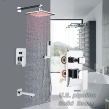 Shower Faucet Set 12'' LED Rainfall Head Combo Kit Tub Filler Mixer Valve Chrome