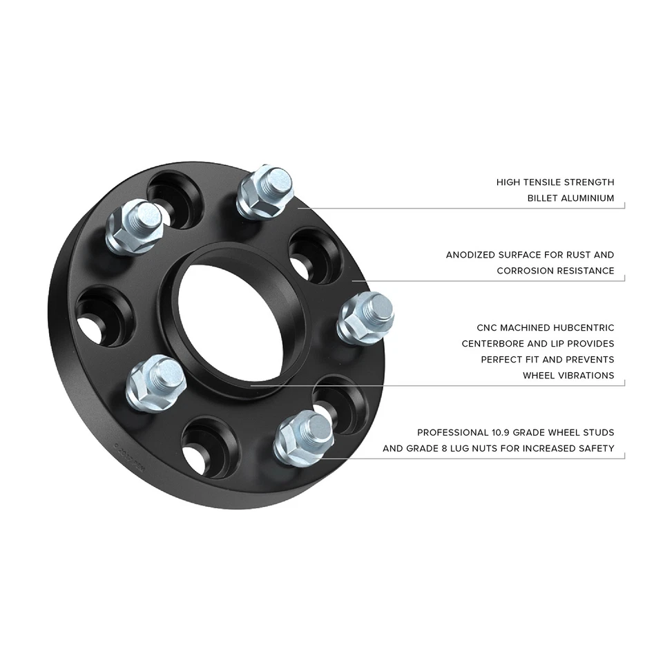 25mm (1") Hubcentric Wheel Spacers | 5x100 | 56.1mm Hub | 12x1.25 Studs | Black - Image 2 of 4